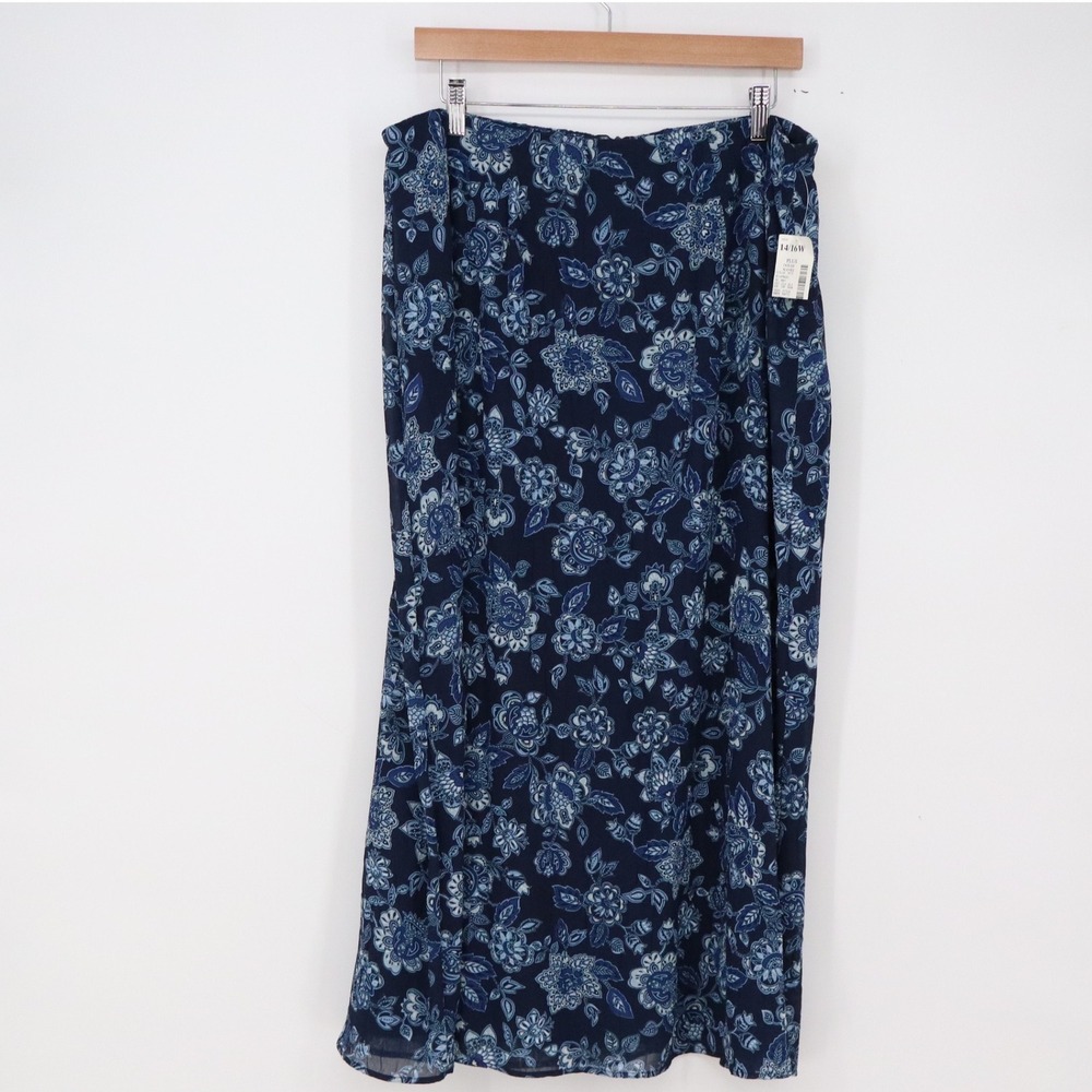 Fashion Bug Skirt Women 14/16W Ocean Waves Navy Floral Maxi Chiffon Lined NEW